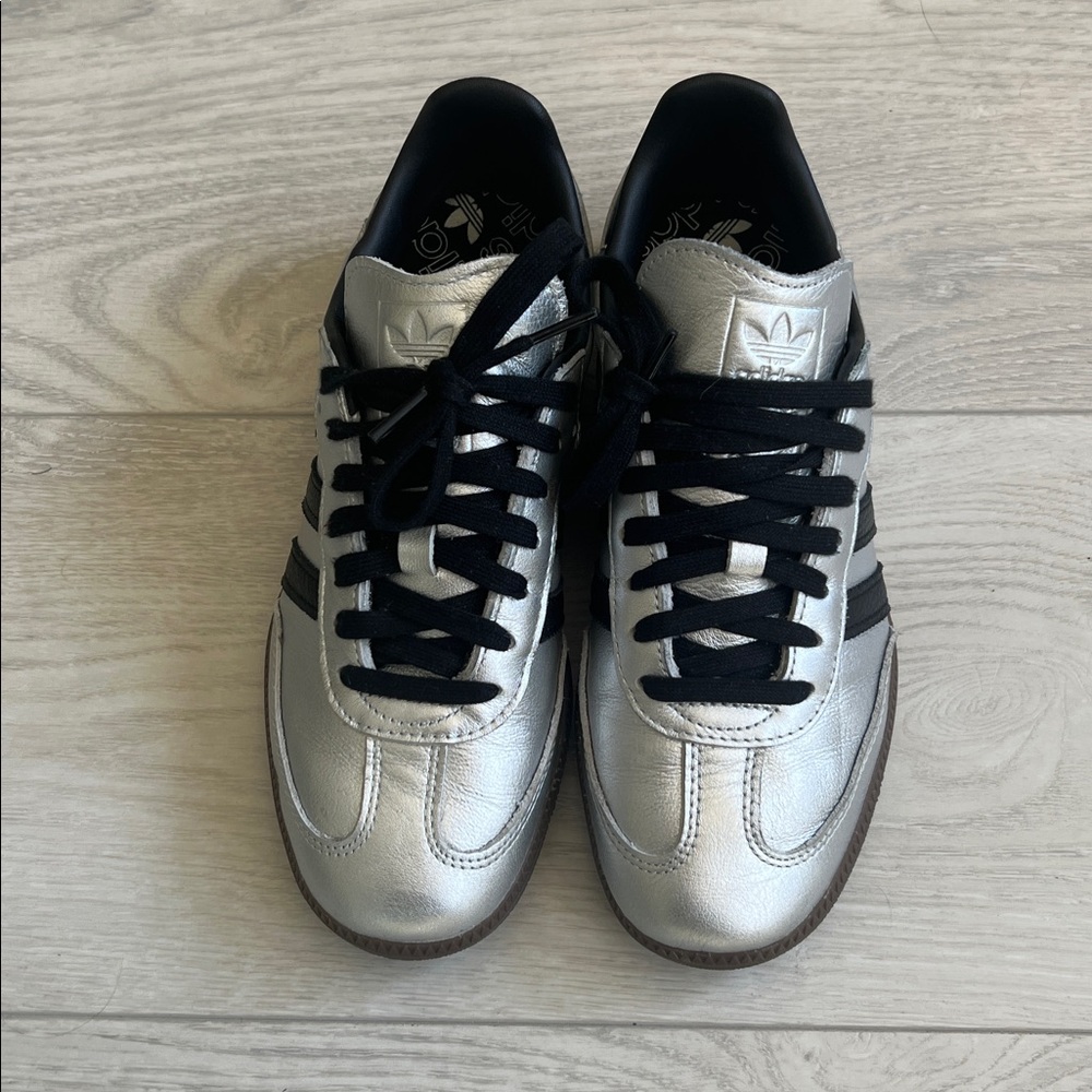 Adidas Sambas Sneakers in Metallic Silver and Black Size 8.5
